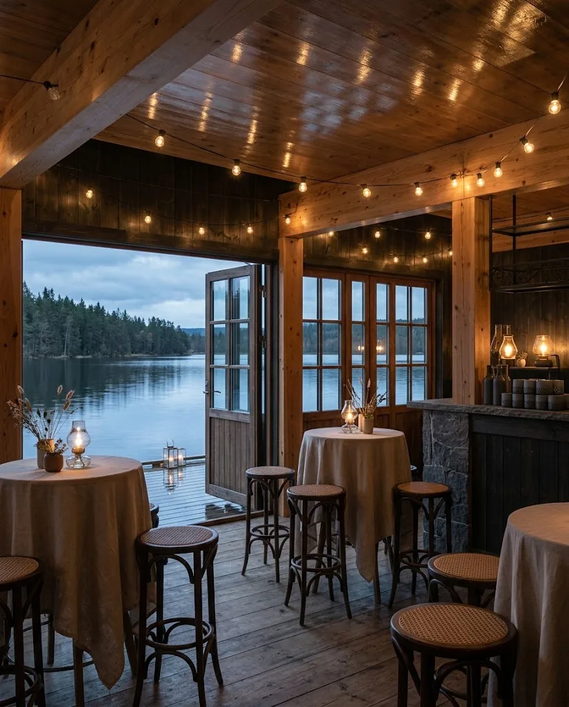 Artist's impression of a reception in the boathouse, with string lights and the lake beyond