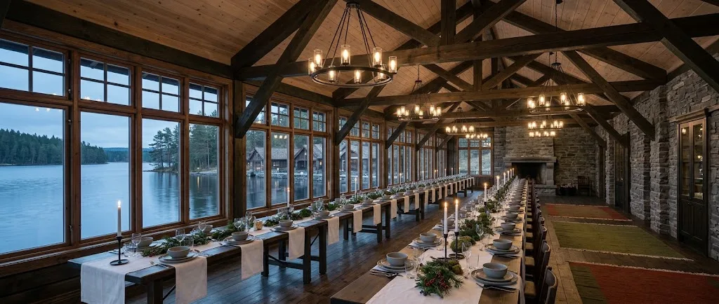 Artist's impression of the banquet hall with timber trusses and windows onto the lake