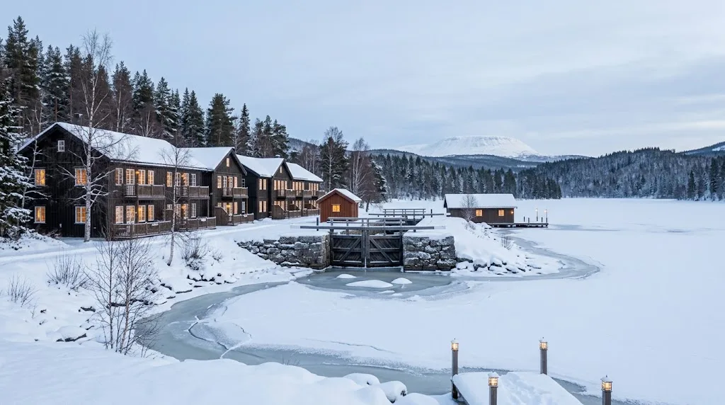 Artist's impression of the same view in winter: snow on the roofs, ice along the shore and warm windows