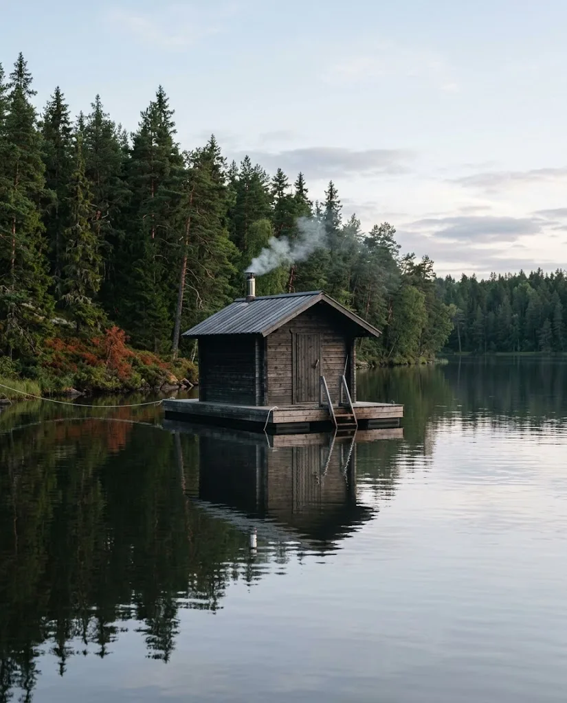 Artist's impression of a floating sauna raft on the lake in summer